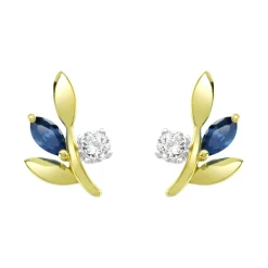 Boucles d'Oreilles Femme Puces OR 375/1000 Jaune et Saphirs