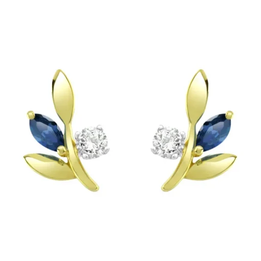 Boucles d'Oreilles Femme Puces OR 375/1000 Jaune et Saphirs