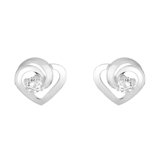 Boucles d'Oreilles Femme Puces Coeurs OR 375/1000 Blanc et Oxydes