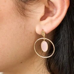 Boucles d'Oreilles Femme SAUNIER GEMME Plaqué Or Quartz Rose