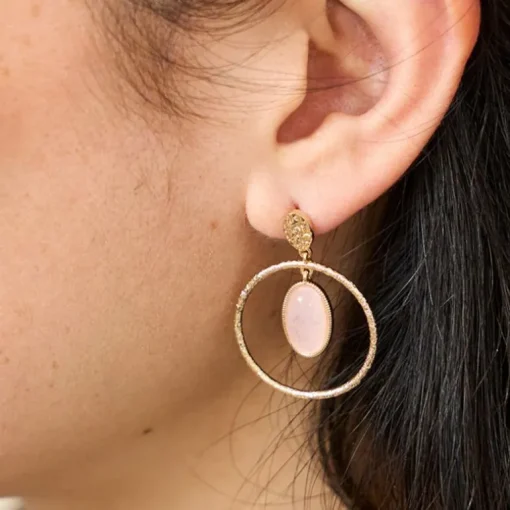 Boucles d'Oreilles Femme SAUNIER GEMME Plaqué Or Quartz Rose