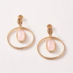 Boucles d'Oreilles Femme SAUNIER GEMME Plaqué Or Quartz Rose