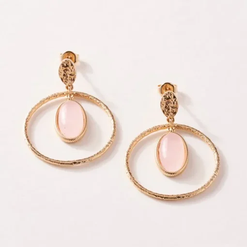 Boucles d'Oreilles Femme SAUNIER GEMME Plaqué Or Quartz Rose