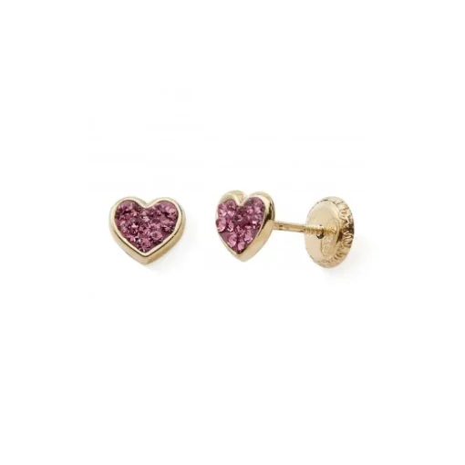 Boucles d'Oreilles Puces Enfant EDORA COLLECTION ESSENTIAL COEUR CRISTAUX ROSES Or 375/1000