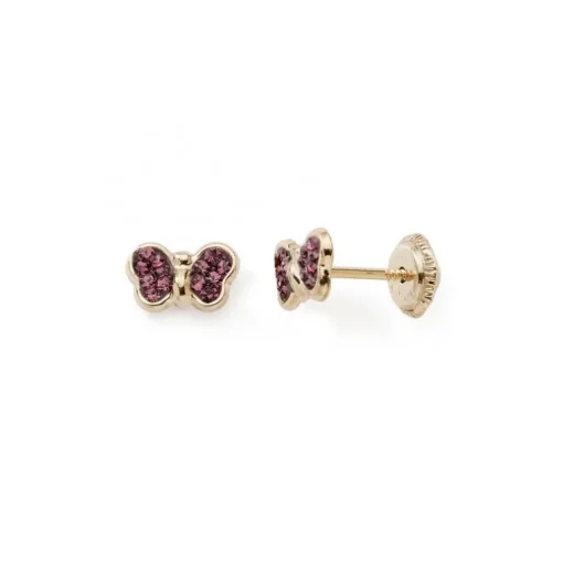 Boucles d'Oreilles Puces Enfant EDORA COLLECTION ESSENTIAL PAPILLON CRISTAUX VIOLETS Or 375/1000