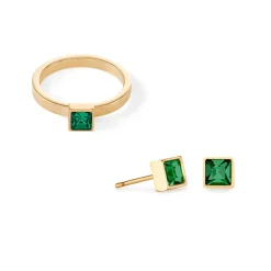 Boucles d'Oreilles Puces Femme CŒUR DE LION Acier Doré Cristaux Verts