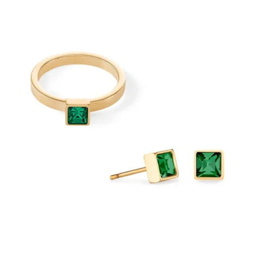 Boucles d'Oreilles Puces Femme CŒUR DE LION Acier Doré Cristaux Verts