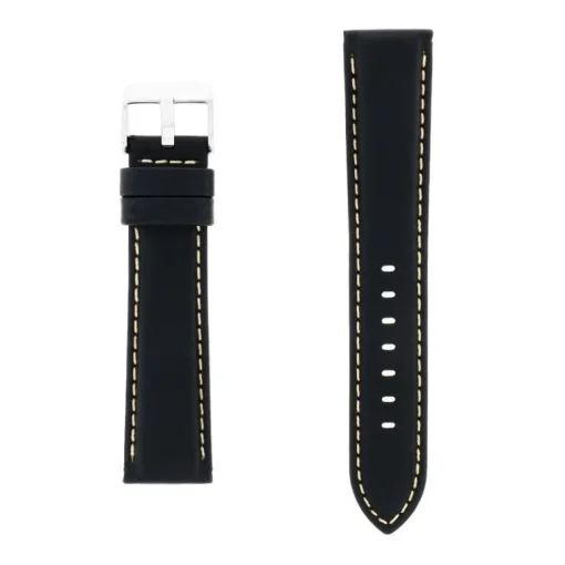 Bracelet Cuir Taureau Mat AVIATOR 20/18mm Noir Couture Sellier Ecru Doublure Veau déperlant