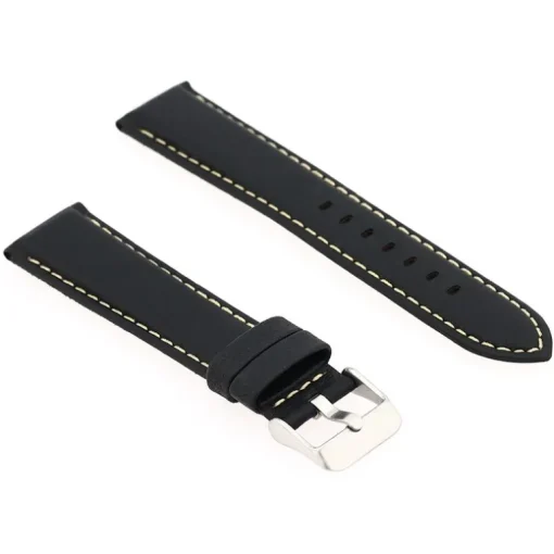 Bracelet Cuir Taureau Mat AVIATOR 20/18mm Noir Couture Sellier Ecru Doublure Veau déperlant
