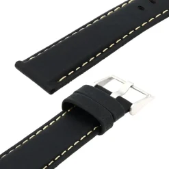 Bracelet Cuir Taureau Mat AVIATOR 20/18mm Noir Couture Sellier Ecru Doublure Veau déperlant