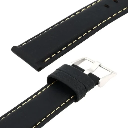 Bracelet Cuir Taureau Mat AVIATOR 20/18mm Noir Couture Sellier Ecru Doublure Veau déperlant