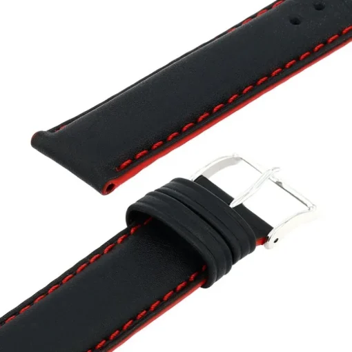 Bracelet Cuir Veau déperlant Mat NEPTUNE 20/18mm Noir Couture/Tranche Rouge Doublure Veau déperlant