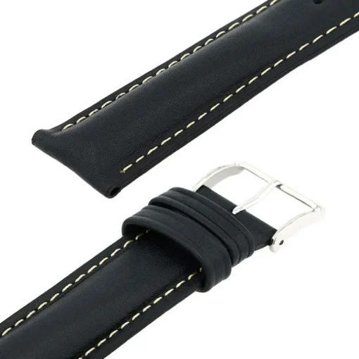 Bracelet Cuir Veau déperlant Mat IBIZA 20/18mm Noir Couture Ecru Doublure Veau déperlant