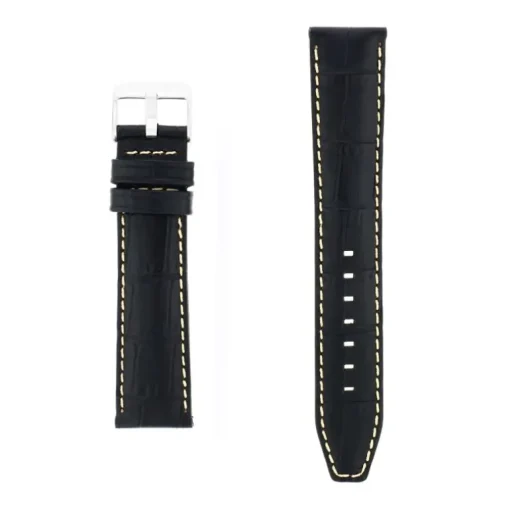 Bracelet Cuir Veau grain alligator Mat écaille carrée INDIANA 20/18mm Noir Couture Sellier Ecru Doublure Veau déperlant