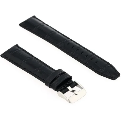 Bracelet Cuir Veau grain alligator Mat écaille carrée INDIANA 20/18mm Noir Couture Sellier T/T Doublure Veau déperlant