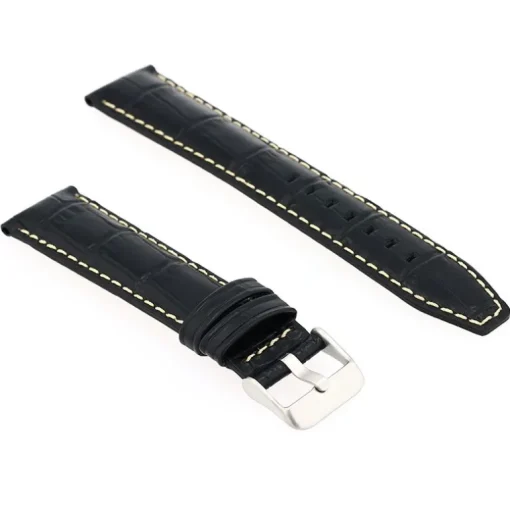 Bracelet Cuir Veau grain alligator Mat écaille carrée INDIANA 20/18mm Noir Couture Sellier Ecru Doublure Veau déperlant