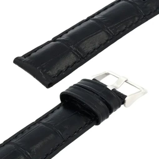 Bracelet Cuir Veau grain alligator Mat écaille carrée INDIANA 20/18mm Noir Couture Sellier T/T Doublure Veau déperlant