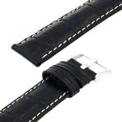 Bracelet Cuir Veau grain alligator Mat écaille carrée INDIANA 20/18mm Noir Couture Sellier Ecru Doublure Veau déperlant