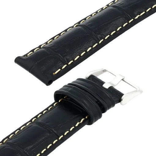 Bracelet Cuir Veau grain alligator Mat écaille carrée INDIANA 20/18mm Noir Couture Sellier Ecru Doublure Veau déperlant