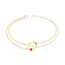 Bracelet Femme Coeur PLAQUE OR Jaune et Spinelle Rouge