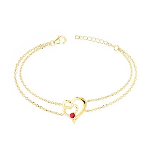 Bracelet Femme Coeur PLAQUE OR Jaune et Spinelle Rouge
