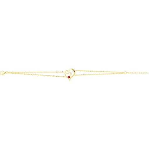 Bracelet Femme Coeur PLAQUE OR Jaune et Spinelle Rouge