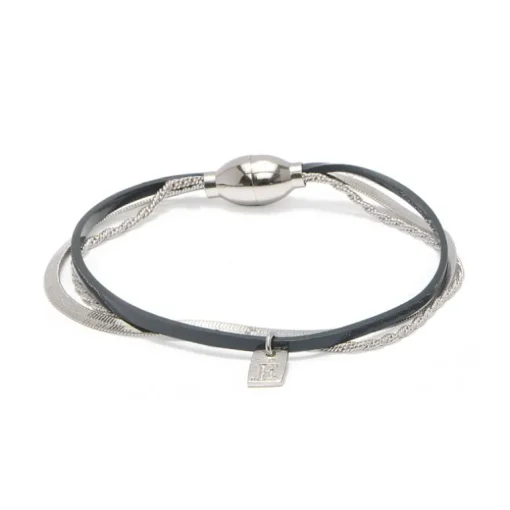 Bracelet Femme Demy FLOWERS FOR ZOE Métal Argenté et Cuir Vernis Bleu