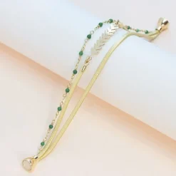 Bracelet Femme Flowers for Zoé Serendi Doré, Cuir et Jade SERENDI226JT1