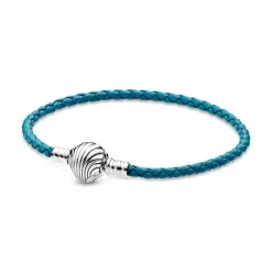 Bracelet Femme PANDORA FERMOIR COQUILLAGE 17.5CM Cuir tressé turquoise