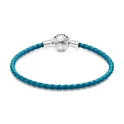 Bracelet Femme PANDORA FERMOIR COQUILLAGE 17.5CM Cuir tressé turquoise