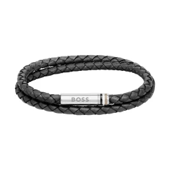 Bracelet Homme BOSS ARES Cuir Noir et Acier Argenté