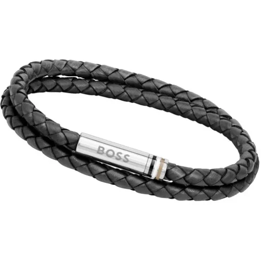 Bracelet Homme BOSS ARES Cuir Noir et Acier Argenté