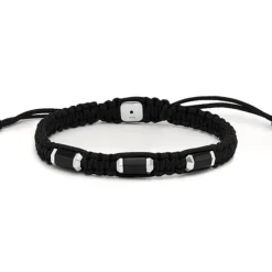 Bracelet Homme FOSSIL Cordon Noir et Acier Argenté