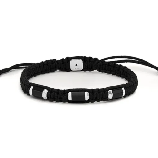 Bracelet Homme FOSSIL Cordon Noir et Acier Argenté