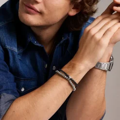 Bracelet Homme FOSSIL JEWELRY Acier Argenté et Cuir Noir JF04855040