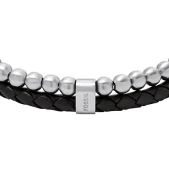 Bracelet Homme FOSSIL JEWELRY Acier Argenté et Cuir Noir JF04855040