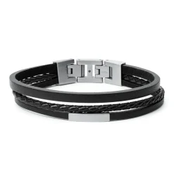 bracelet homme fossil multi-rangs cuir noir