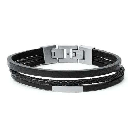 bracelet homme fossil multi-rangs cuir noir