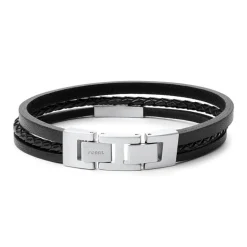 bracelet homme fossil multi-rangs cuir noir