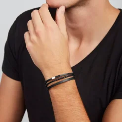 bracelet homme fossil multi-rangs cuir noir