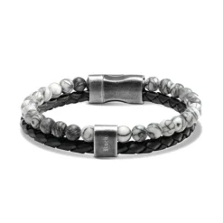 bracelet homme Karma ROCHET cuir noir et jaspe grise