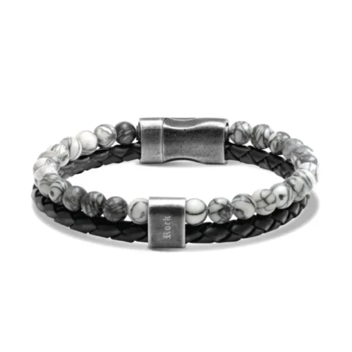 bracelet homme Karma ROCHET cuir noir et jaspe grise