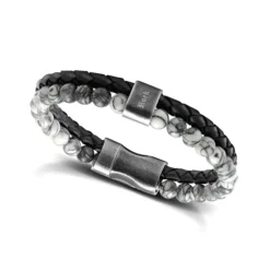 bracelet homme Karma ROCHET cuir noir et jaspe grise