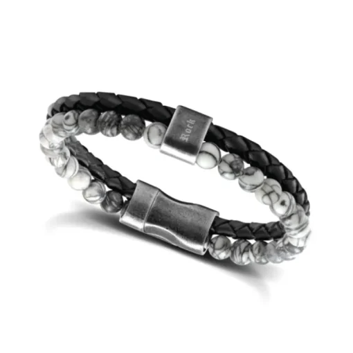 bracelet homme Karma ROCHET cuir noir et jaspe grise