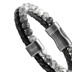 bracelet homme Karma ROCHET cuir noir et jaspe grise