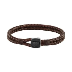 bracelet homme tressé BOSS acier argenté et cuir brun