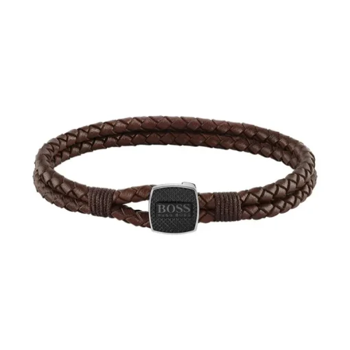 bracelet homme tressé BOSS acier argenté et cuir brun