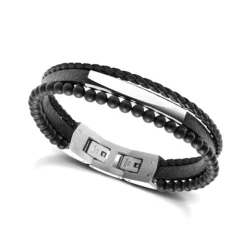 bracelet homme Yale ROCHET cuir et agates noires