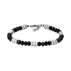 Bracelet Perles Homme 19CM FOSSIL ALL STACKED UP Acier Argenté Agates Noires