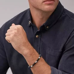 Bracelet Perles Homme 19CM FOSSIL ALL STACKED UP Acier Argenté Agates Noires